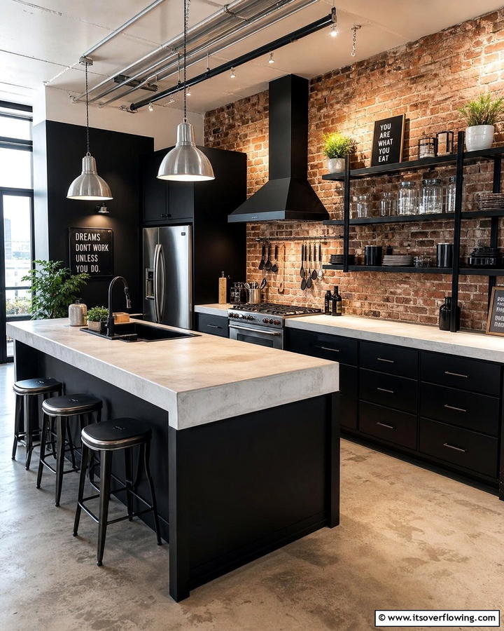 Industrial Black Cabinets With White Concrete Countertops - 20 Black Kitchen Cabinets With White Countertops Ideas
