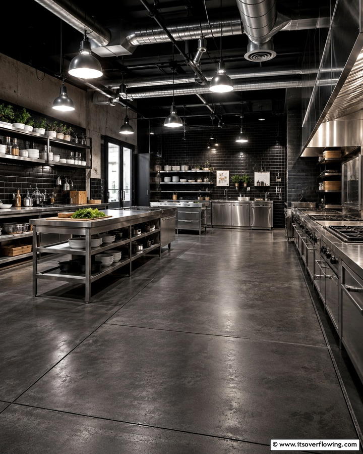 Industrial Black Concrete Slabs - 30 Sleek Black Floor Kitchen Ideas for Contemporary Designs