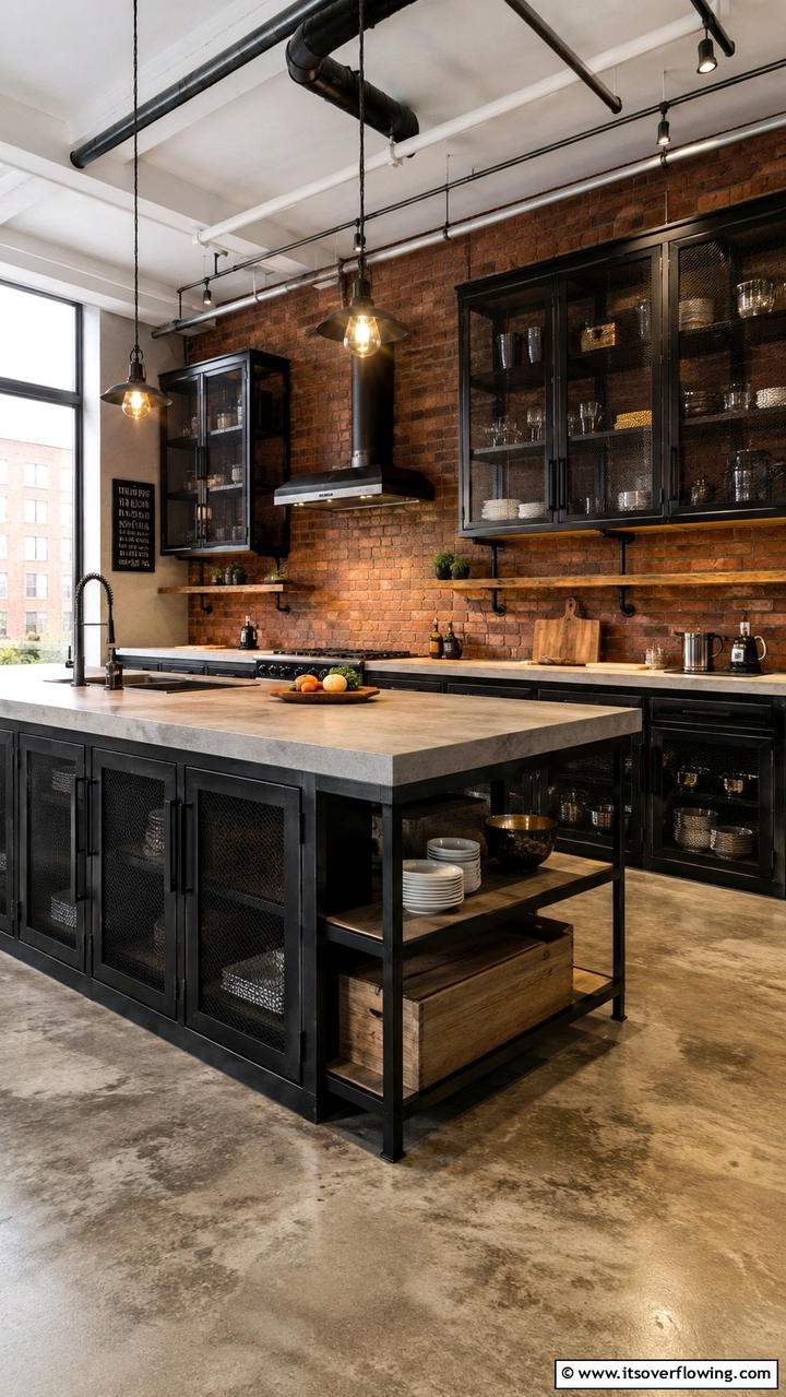 Industrial Black Framed Cabinets - 30 Black Kitchen Cabinet Ideas for Bold Modern Spaces