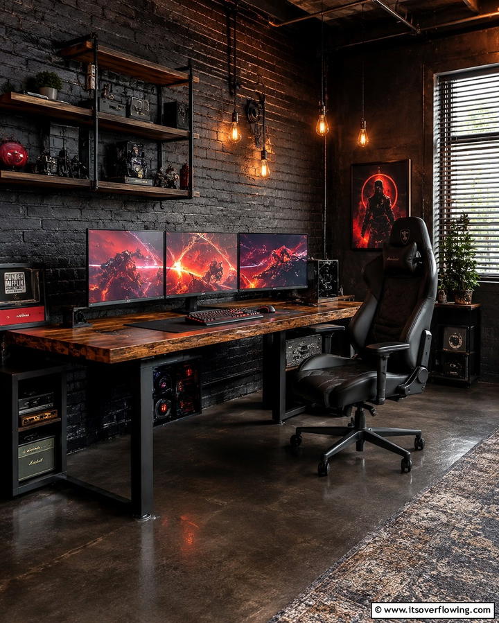 Industrial Black Gaming Room - 25 Sleek Black Gaming Room Ideas for Gamers