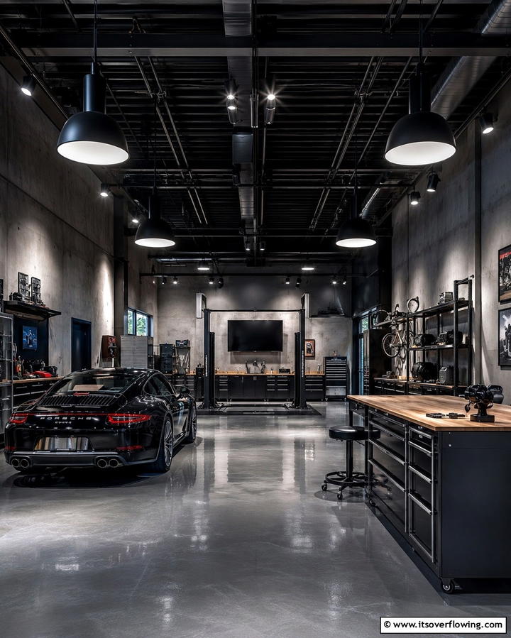 Industrial Black Lighting Fixtures - 25 Black Garage Ideas for a Sleek and Functional Space
