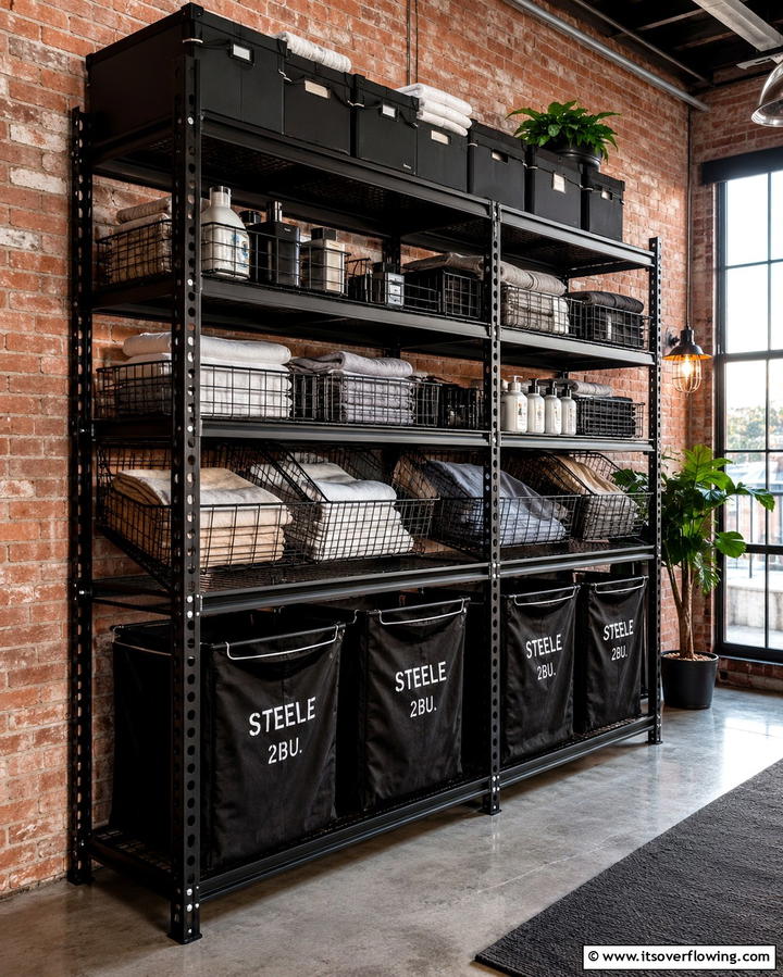 Industrial Black Metal Racks for Utility - 30 Stylish Black Laundry Room Ideas for a Modern Utility Space