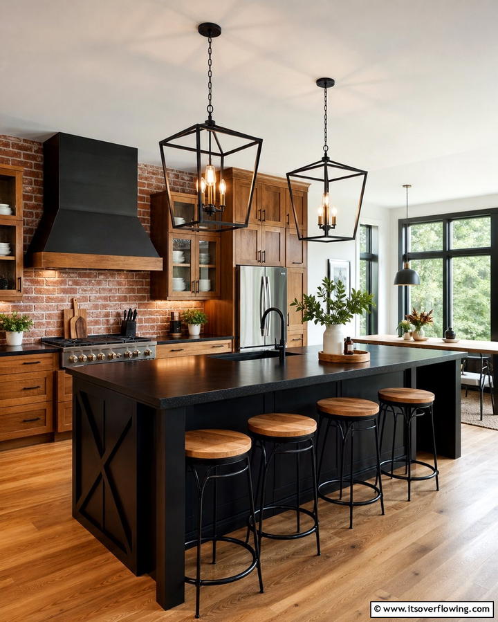 Industrial Black Pendant Lights - 25 Black and Brown Kitchen Ideas for a Bold Look