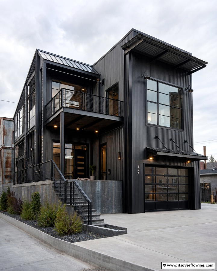 Industrial Black Siding with Metal Elements - 25 Black Siding House Ideas for a Bold and Modern Look