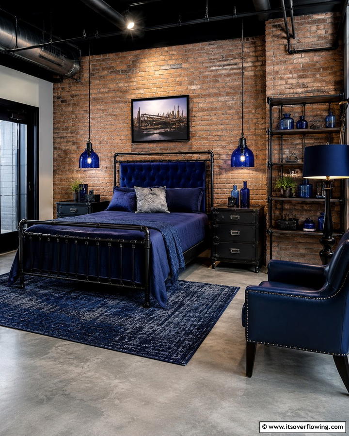 Industrial Black and Blue Lighting - 25 Black and Blue Bedroom Ideas for a Bold Statement
