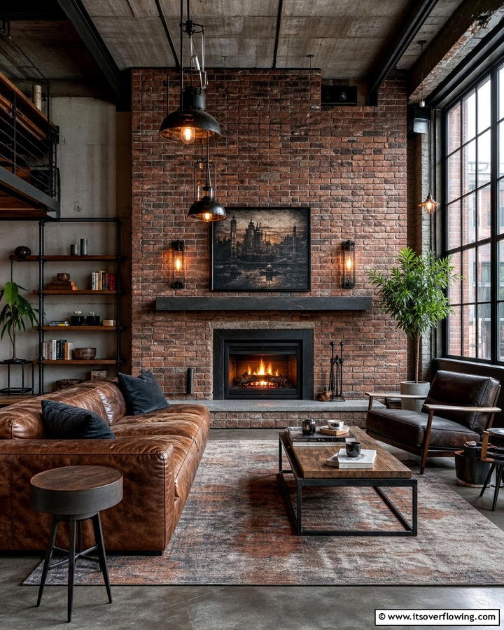 Industrial Brick Feature - 21 Rustic Brick Fireplace Ideas for Warm Living Rooms