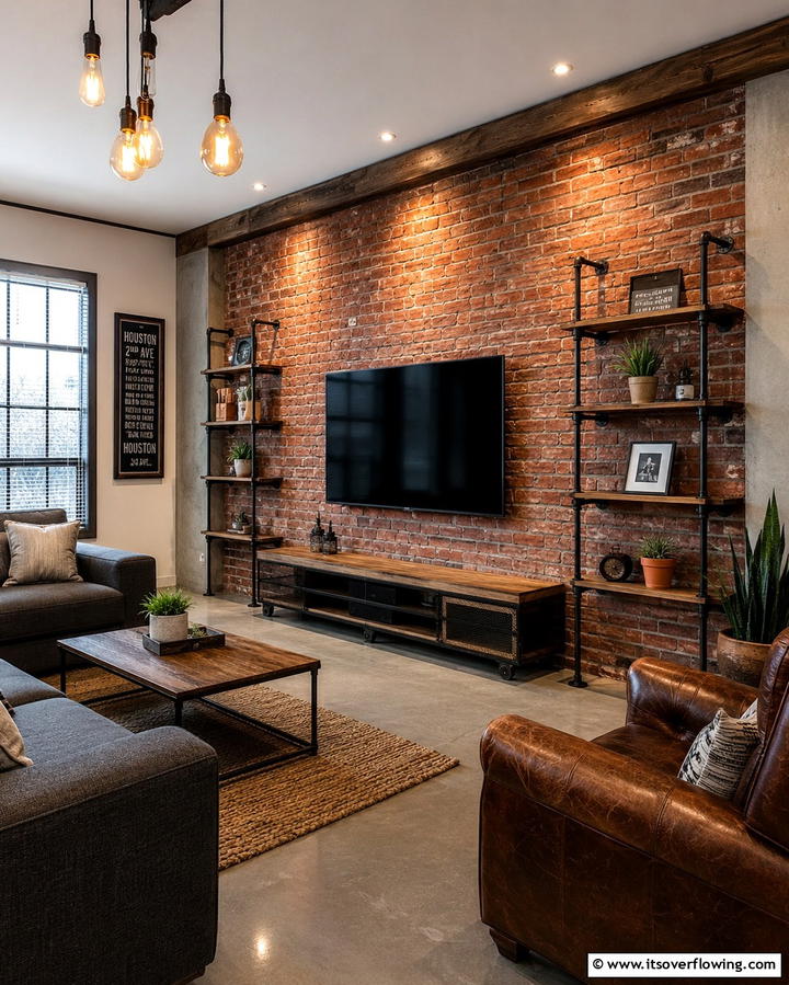 Industrial Brick Wall - 20 TV Accent Wall Ideas to Enhance Your Space