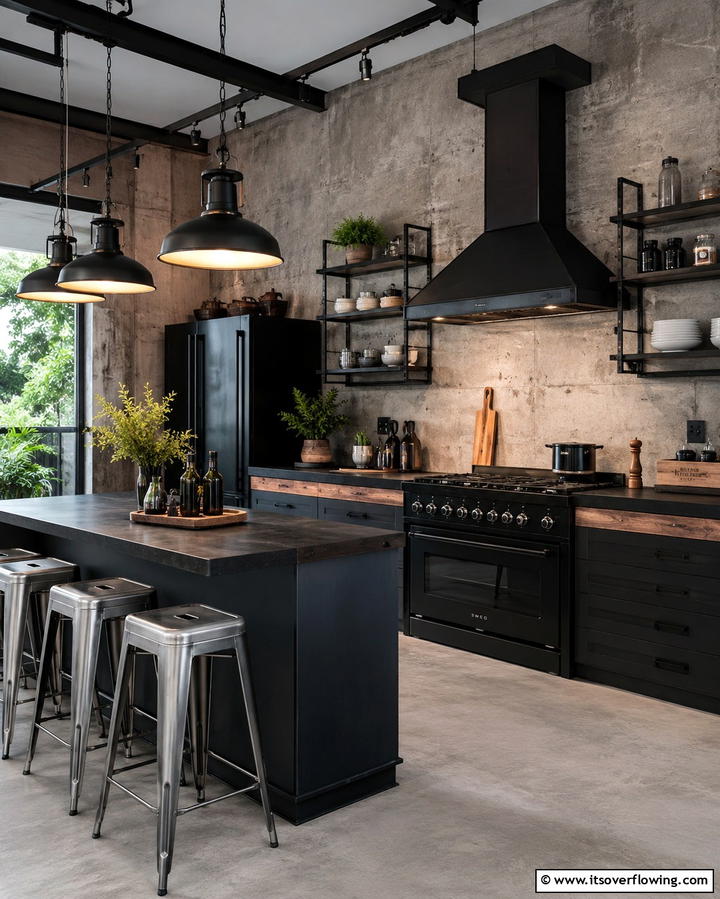 Industrial Charm with Black Countertops - 25 Kitchen With Black Appliances for a Sleek and Modern Look