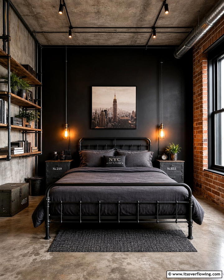 Industrial Chic - 25 Black Accent Wall Bedroom Ideas for Drama