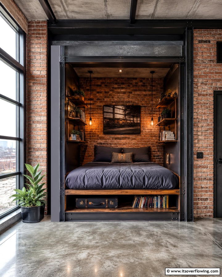 Industrial Chic Bed Nook - 25 Cozy Bed Nook Ideas for a Perfect Reading Spot