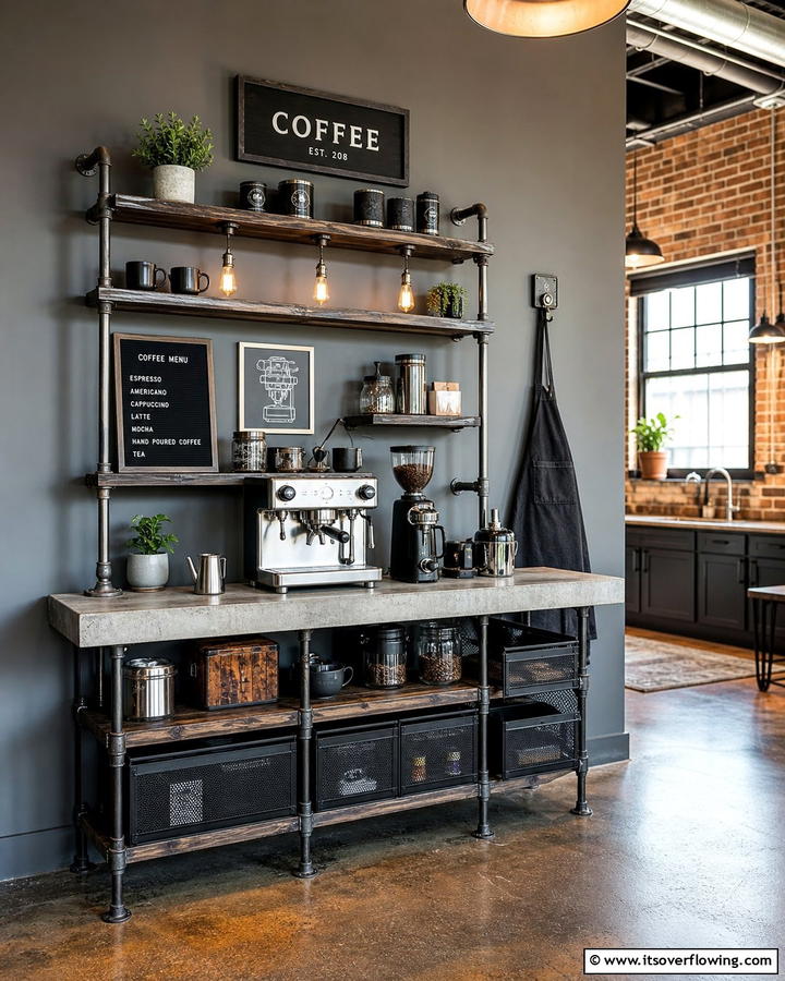 Industrial Chic Coffee Station - 21 Functional Coffee Station Ideas for Kitchen or Office