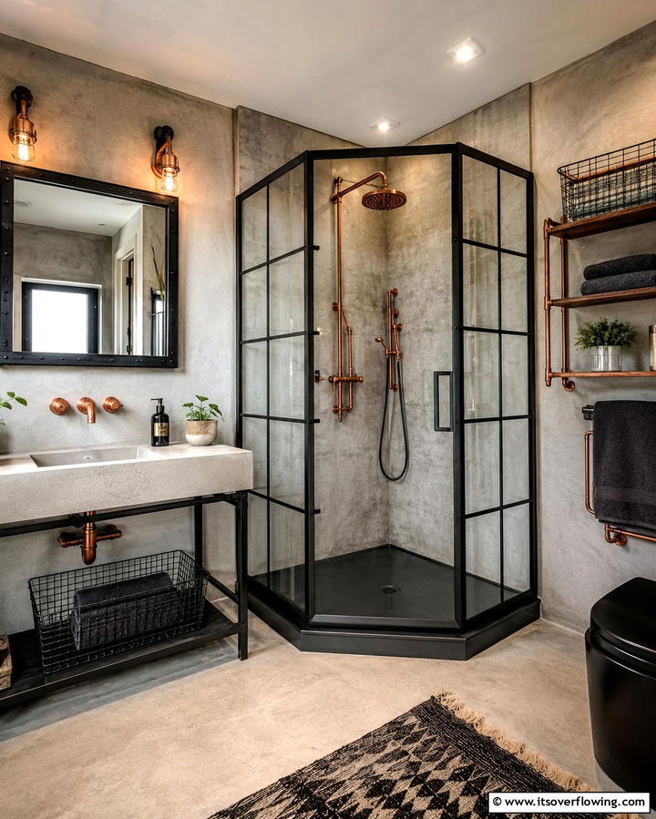 Industrial Chic Corner Shower - 30 Space-Efficient Corner Shower Ideas for Modern Bathrooms