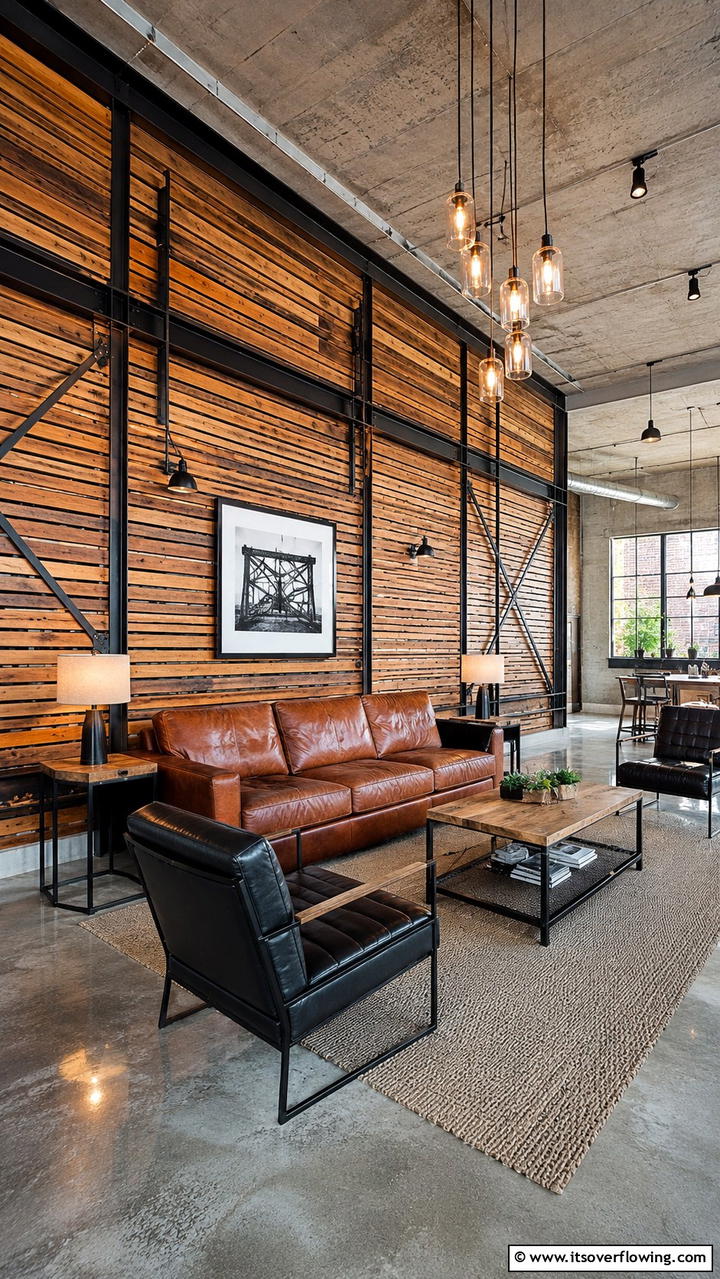 Industrial Chic Fusion - 21 Wood Slat Accent Wall Ideas to Elevate Your Interior Design