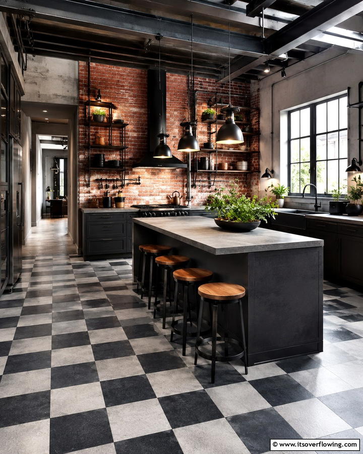 Industrial Chic Kitchen - 30 Kitchens with Checkered Floors- Retro-Inspired Designs