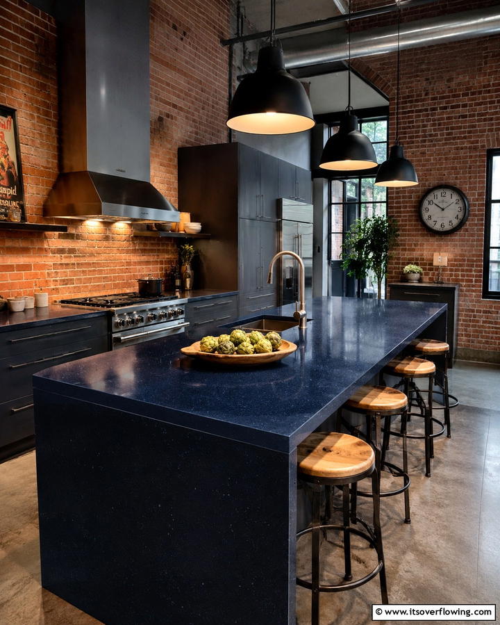 Industrial Chic Look - 30 Blue Countertop Kitchen Ideas for Bold Statement Spaces