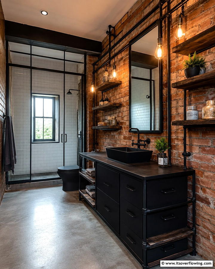 Industrial Chic Look - 30 Black Cabinet Bathroom Ideas for Dramatic Modern Spaces