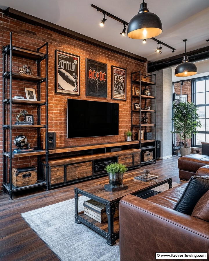 Industrial Chic Media Wall - 21 Media Wall Ideas to Elevate Your Entertainment Zone