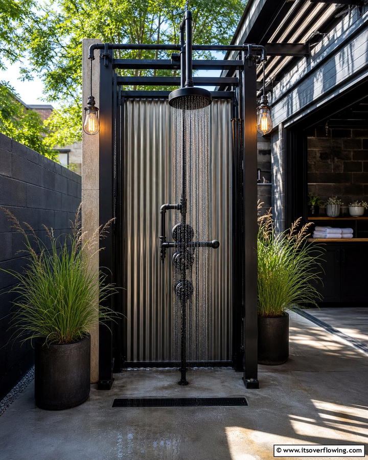 Industrial Chic Outdoor Shower - 21 Outdoor Shower Designs for Poolside Luxury & Functionality