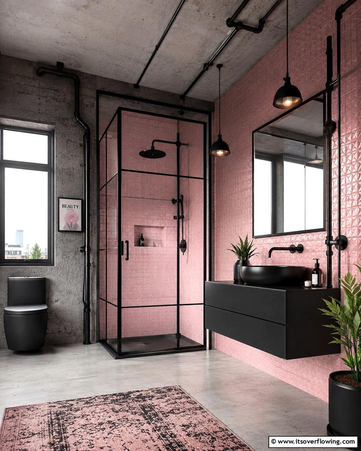 Industrial Chic Pink and Black Bathroom - 25 Pink and Black Bathroom Ideas for a Bold and Chic Look