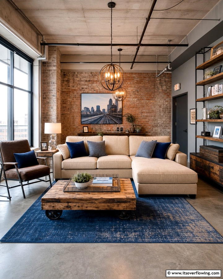 Industrial Chic in Blue and Beige - 20 Blue and Beige Living Room Ideas- Serene Spaces