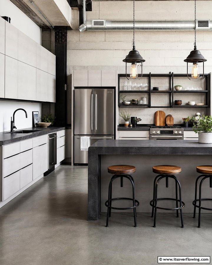 Industrial Chic with Dark Concrete - 20 Kitchen Ideas with Dark Countertops and Light Cabinets