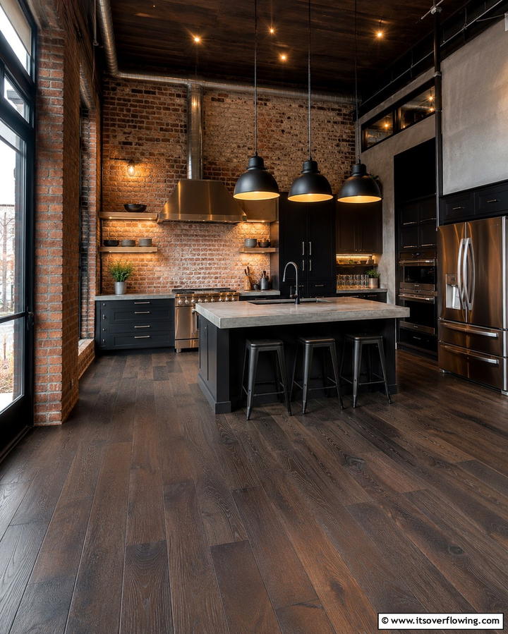 Industrial Chic with Dark Wood Floors - 25 Kitchen With Dark Wood Floors Ideas for Elegance