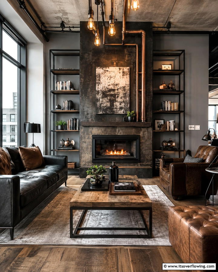 Industrial Chic with Metal Accents - 30 Fireplace with Bookshelves Ideas for Cozy Literary Nooks