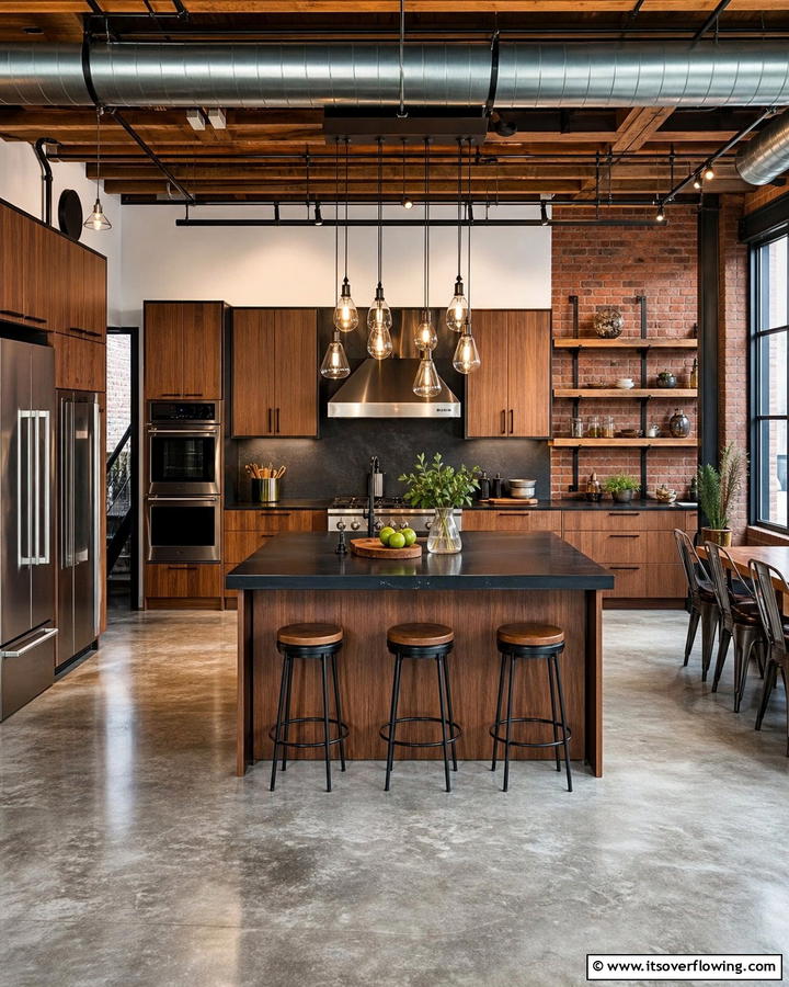 Industrial Chic with Metal Accents - 25 Brown Kitchen Cabinets With Black Countertops