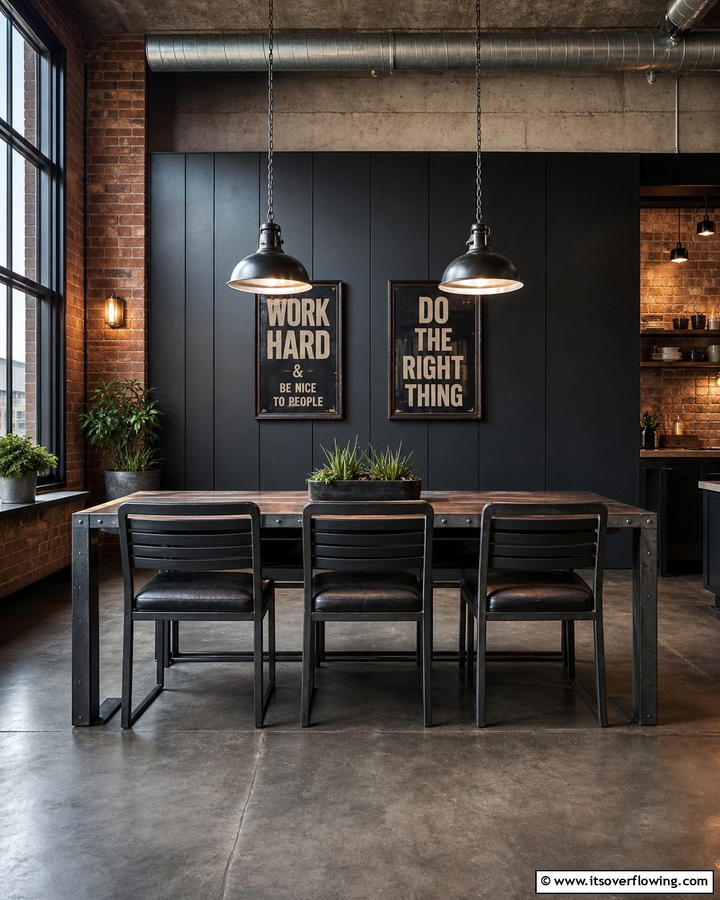 Industrial Chic with Metal Fixtures - 20 Black Accent Wall Dining Room Ideas for a Bold Look