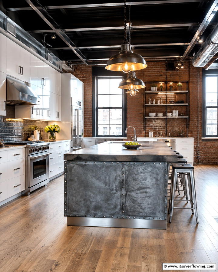 Industrial Chic with Metallic Accents - 25 White Kitchen Cabinets with Grey Island Ideas