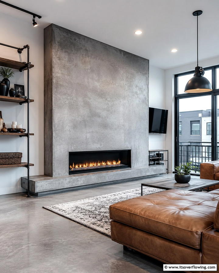 Industrial Concrete Finish - 30 Fireplace Wall Ideas to Transform Your Living Space