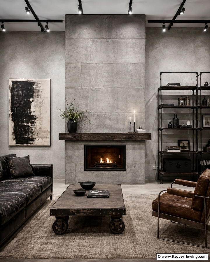 Industrial Concrete Look - 30 Fireplace Paint Color Ideas for a Fresh Update