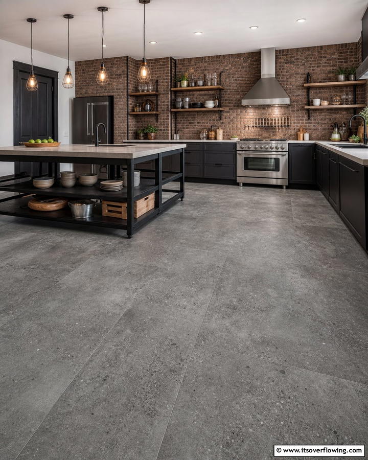Industrial Concrete Look - 21 Kitchen Floor Tile Ideas- Durable & Stylish Options
