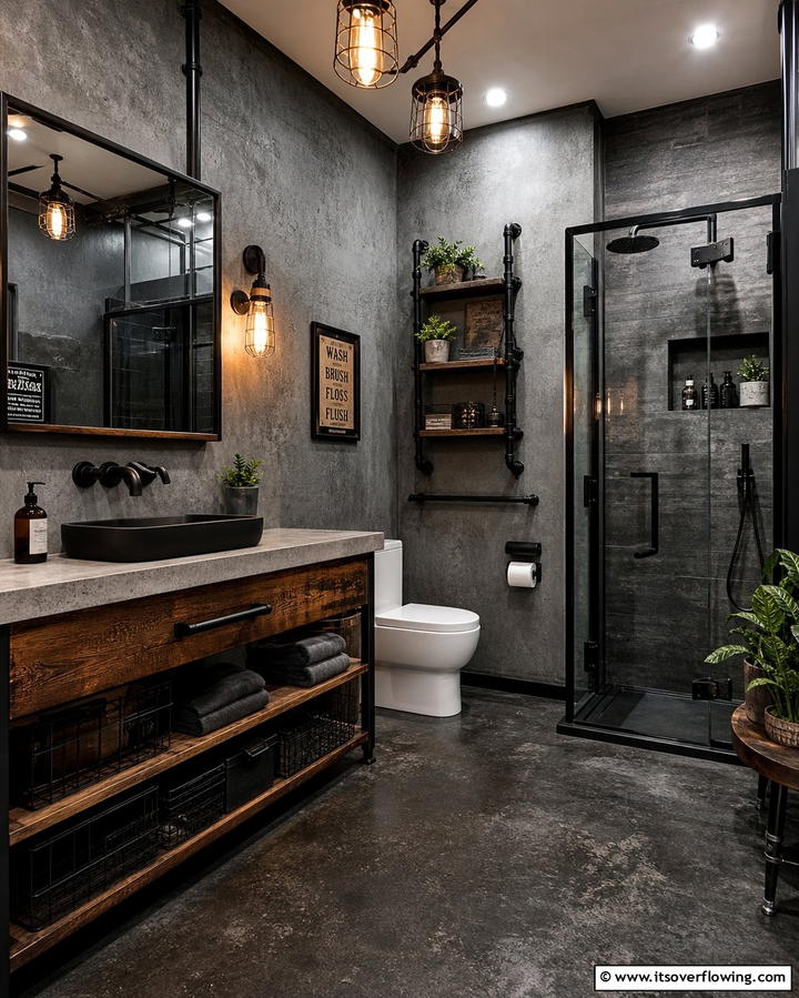 Industrial Dark Elements - 25 Dark Bathroom Ideas for Moody and Chic Spaces
