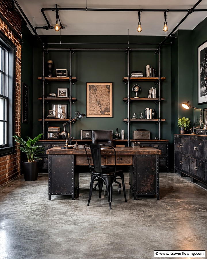 Industrial Dark Green Blend - 30 Rich Dark Green Home Office Designs for a Focused Workspace