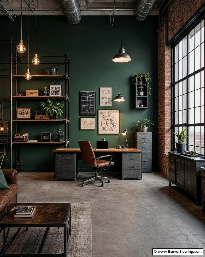 Industrial Dark Green Vibe - 21 Dark Green Accent Wall Ideas for Dramatic Interiors