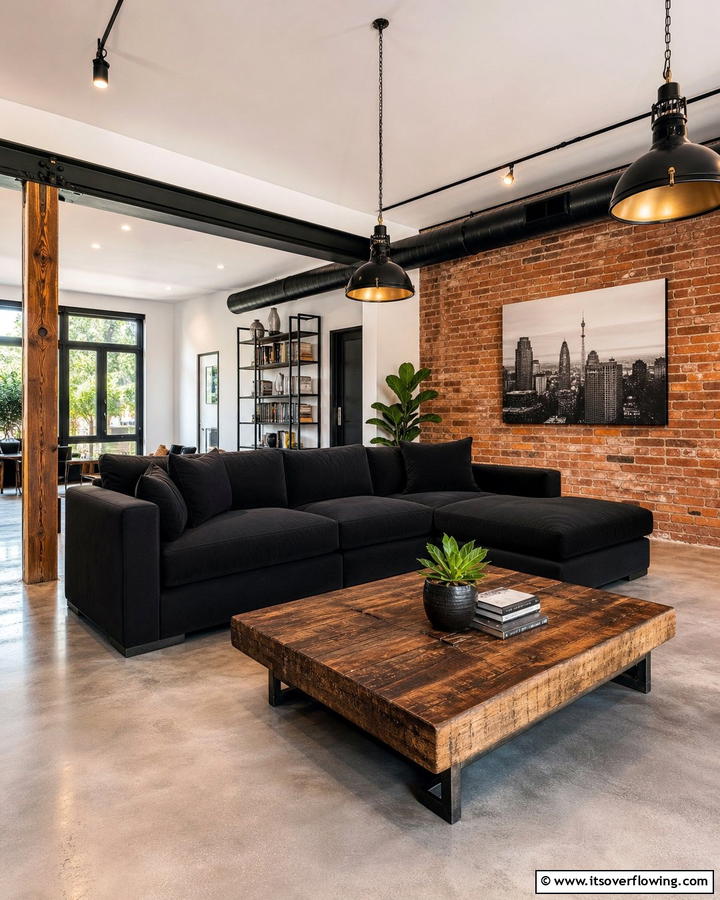 Industrial Edge - 21 Living Room Ideas With Black Couches- Modern Style