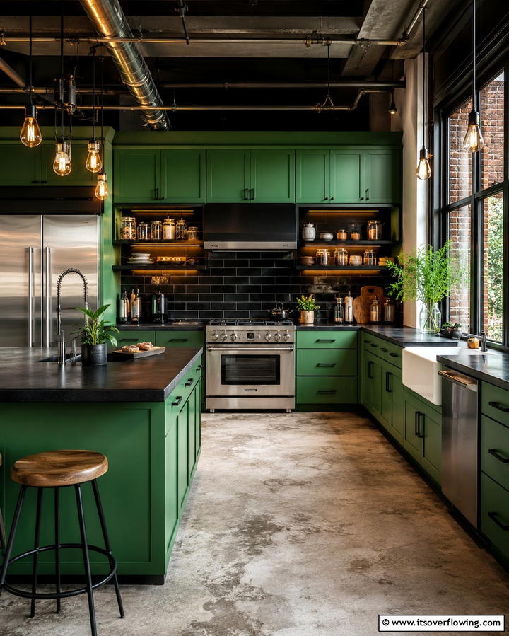Industrial Edge - 30 Green Kitchen Cabinets & Black Countertops Pairing Ideas