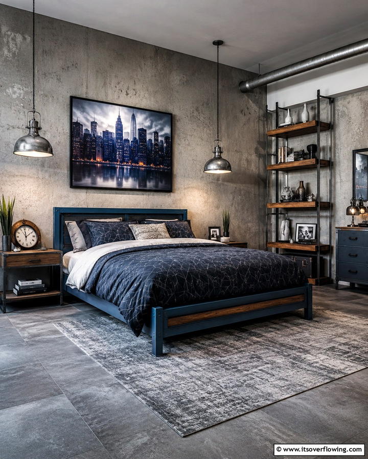 Industrial Edge Bedroom - 30 Calming Blue and Grey Bedroom Ideas for Relaxing Retreats