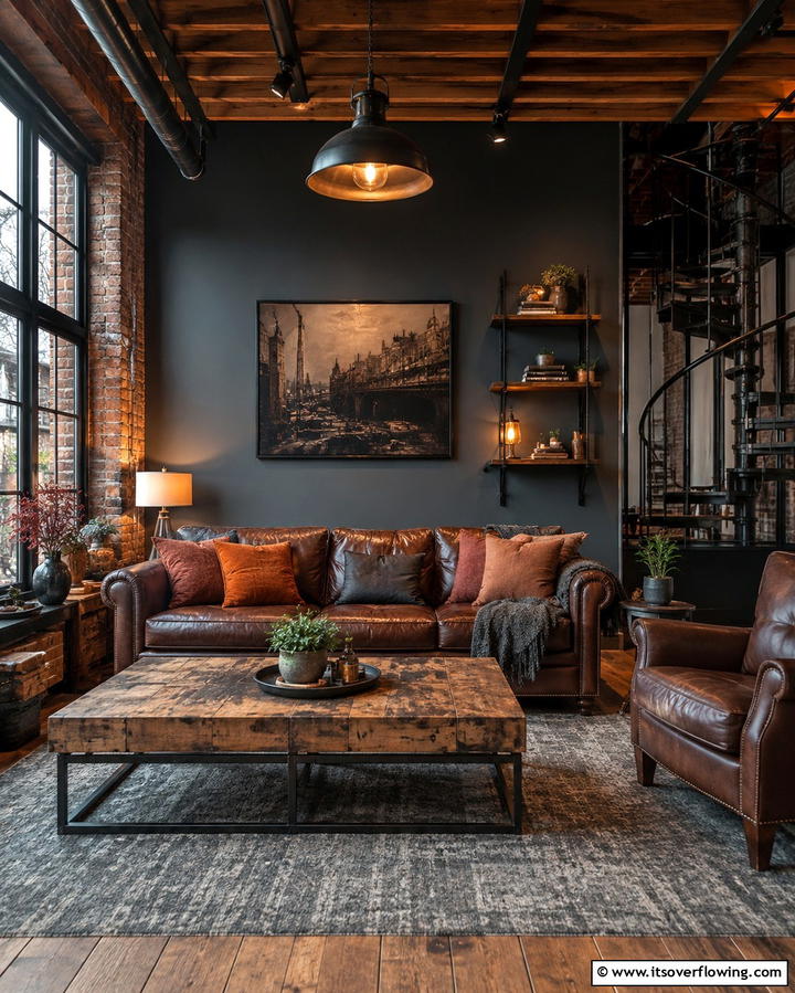 Industrial Edge and Warmth - 30 Striking Contrasting Living Rooms Featuring Dark Grey Walls