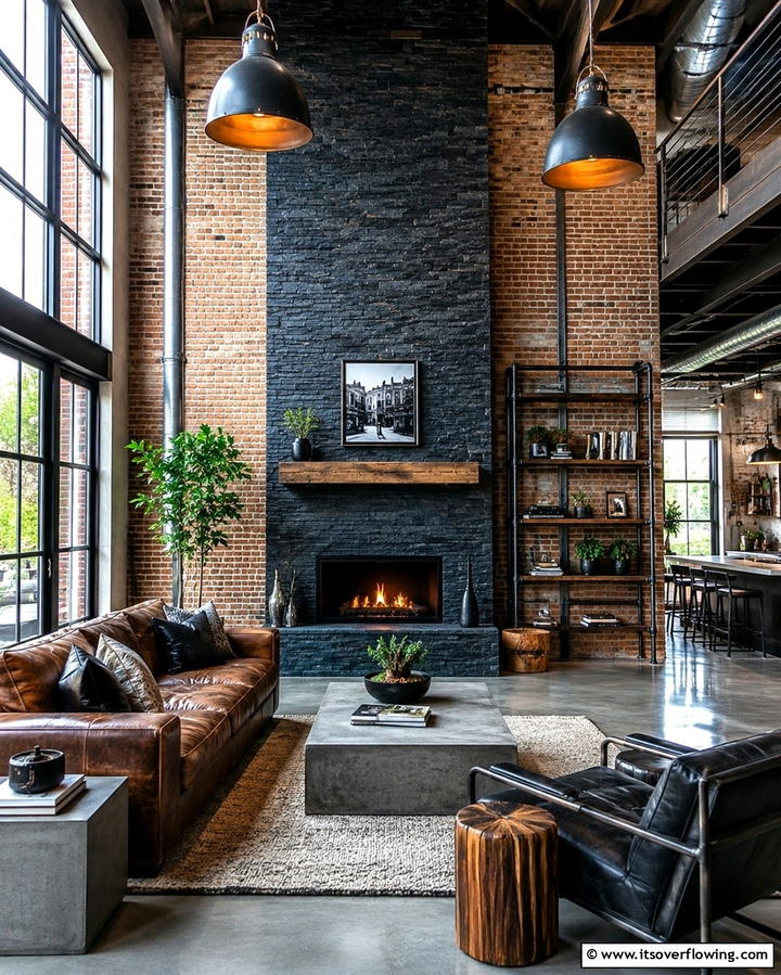 Industrial Edge with Black Slate - 25 Elegant Black Stone Fireplace Ideas