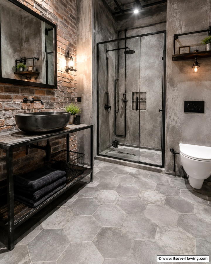 Industrial Edge with Concrete Look Hexagon Tiles - 30 Bathrooms with Hexagon Tile Floor Design Ideas