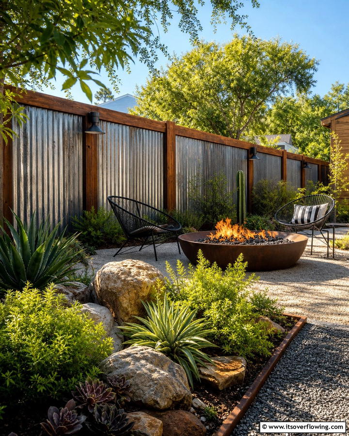 Industrial Edge with Corrugated Metal Panels and Wooden Frames - 25 Metal and Wood Fence Ideas for Durable Boundaries
