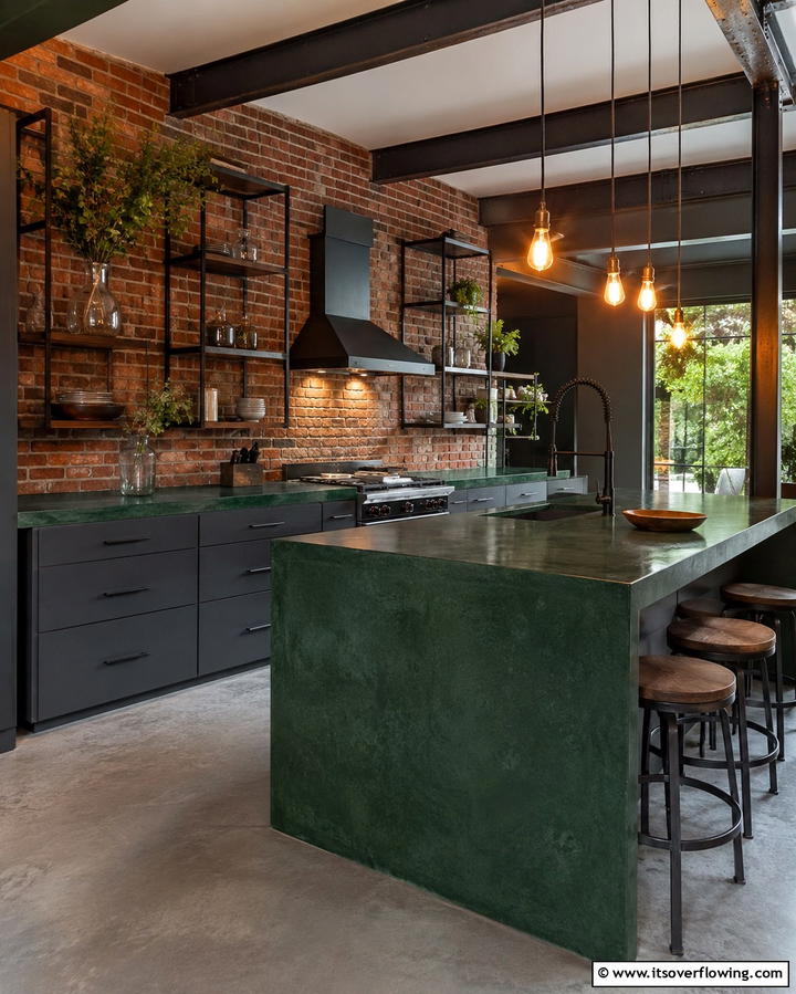 Industrial Edge with Dark Forest Green Concrete - 25 Kitchen With Green Countertops Ideas for Freshness