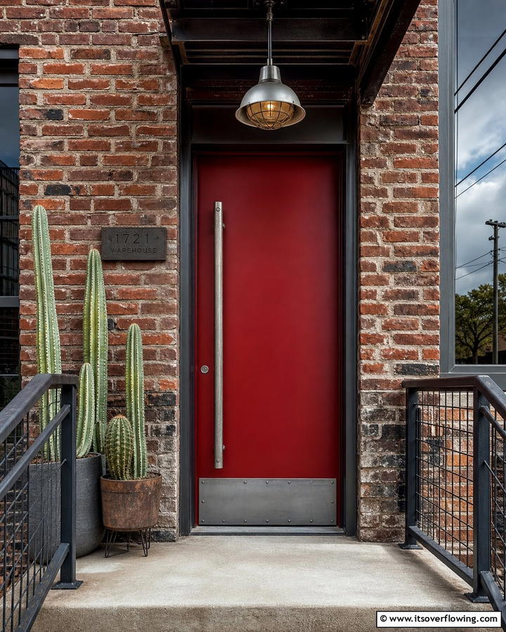 Industrial Edge with Dark Red and Steel Hardware - 25 Dark Red Front Door Ideas for a Bold Entrance