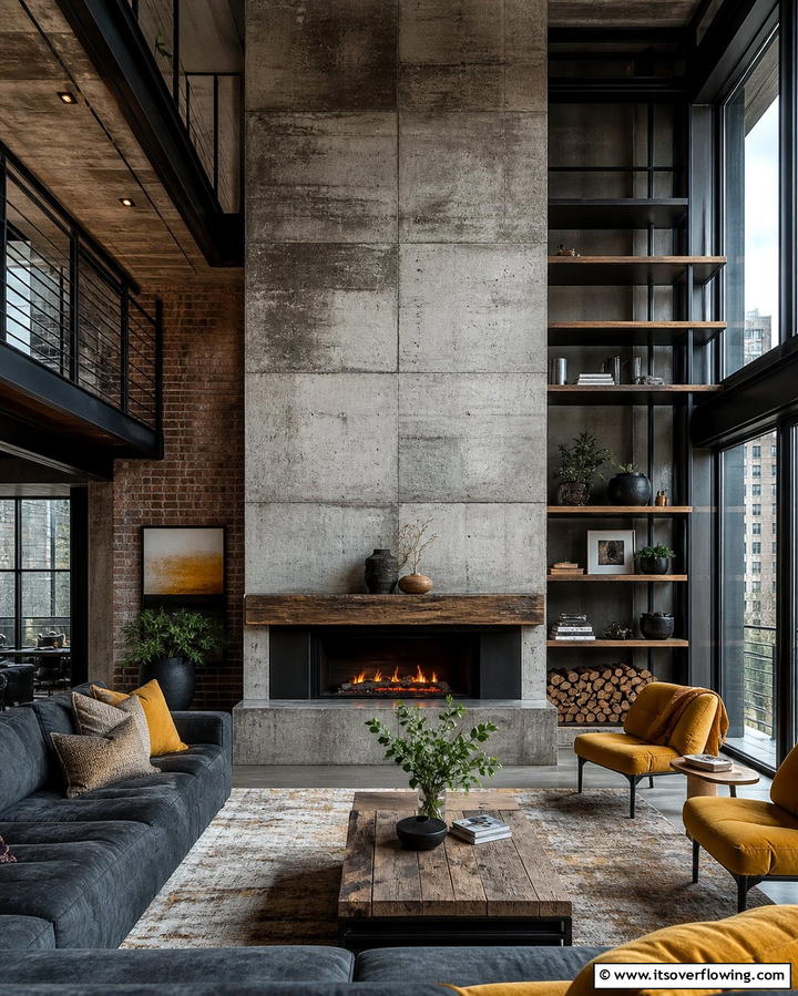 Industrial Edge with Exposed Concrete Stone - 25 Floor to Ceiling Stone Fireplace Ideas for Drama