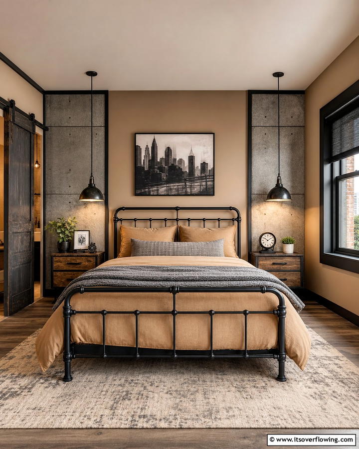 Industrial Edge with Metal Details - 25 Tan Bedroom Ideas for a Warm and Cozy Space