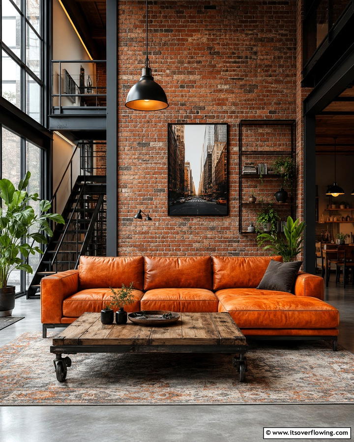 Industrial Edge with Orange Highlights - 25 Orange Couch Living Room Ideas for a Vibrant Space