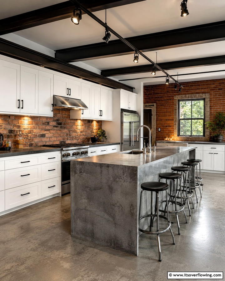 Industrial Edge with White Cabinets and a Concrete Grey Island - 25 White Kitchen Cabinets with Grey Island Ideas