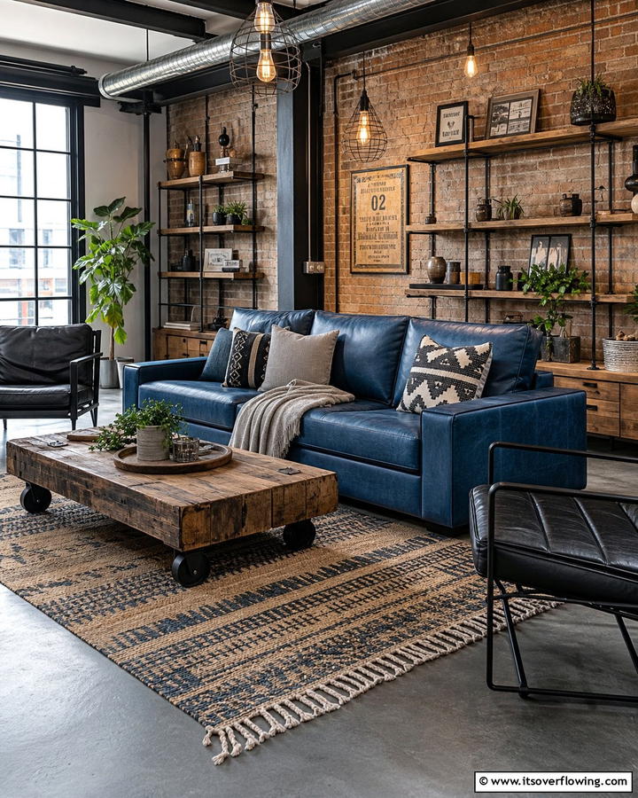 Industrial Edge with a Blue Couch Accent - 25 Blue Couch Living Room Ideas for a Stylish Space